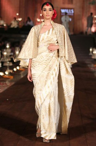 latest-saree-trends-2016-designs-designer-cape-rohit-bal-gold-white