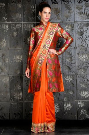 latest-saree-trends-2016-designs-designer-jacket-and-long-sleeves-rohit-bal-orange