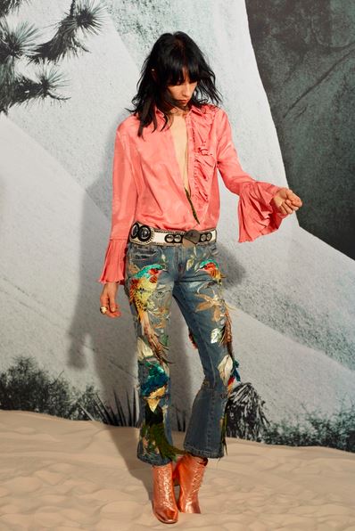 flared pants trend fall winter 2015 2016 latest roberto cavalli resort collection denim birds cropped top