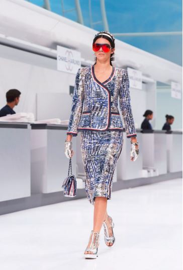 chanel spring summer 2016 ready to wear look 08 outfit blue white skirt tweed jacket suit red sunglasses