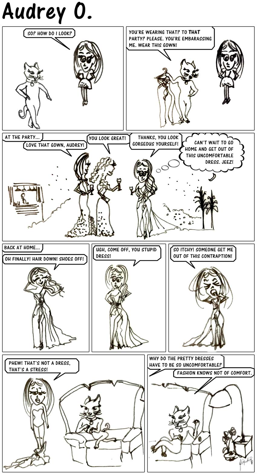 audrey-o-comics-v1e8-fashion-pretty-gown-designer-uncomfortable-itchy-dress-quotes-comic-girl-cartoon-coco