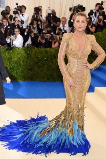 met-gala-2017-celeb-style-dresses-gold-blue-feathers-outfit-blake-lively-versace-