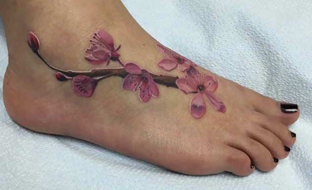 cherry-blossom-foot-tattoo-ideas-designs-pink-flowers